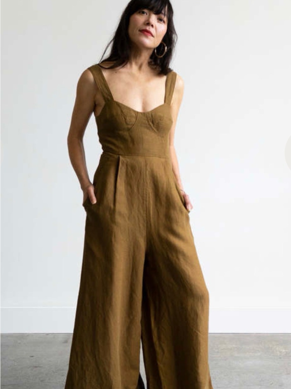 Garmentory Waltz Wide-Leg Pocketed Linen Jumpsuit in Bronze Brown Olive